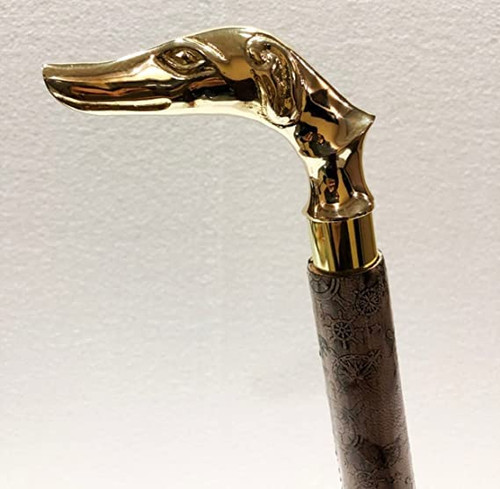 Rose London Stylish Brass Dog Head Handle with Leather Wooden Walking Stick Cane Walking Stick for Men & Women.