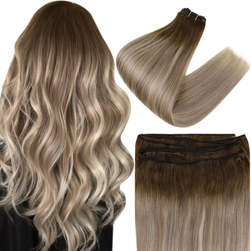 Easyouth Sew in Hair Extensions Real Human Hair Blonde Weft Hair Extensions Balayage Dark Brown Fading to Ash Brown Highlights Medium Blonde Sew in Hair Extensions Human Hair Weft Extensions 12Inch 70g