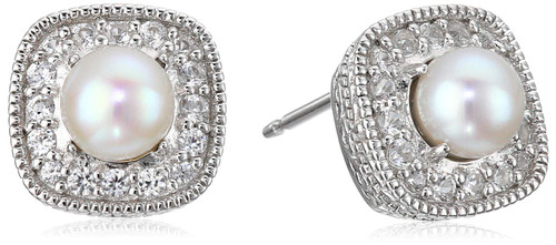 Amazon Collection Sterling Silver Freshwater Cultured Pearl and Created White Sapphire Halo Cushion Stud Earrings