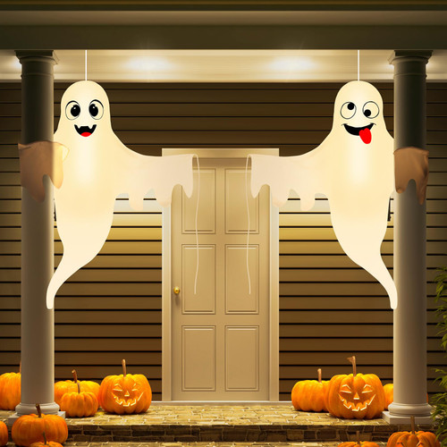 2 Pcs Halloween Porch Decoration Cute Ghost Decoration, with Timer and LED for Outdoor Halloween Decor, Halloween Tree Hugger Ghost Party Supplies(Batteries Not Included)