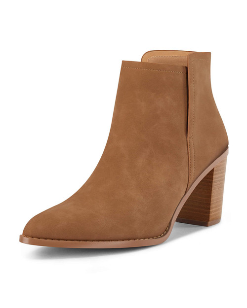 Coutgo Women's Chunky Stacked Heel Ankle Boots Pointed Toe Slip-On Low Heeled Booties for Women, Brown, Size 7