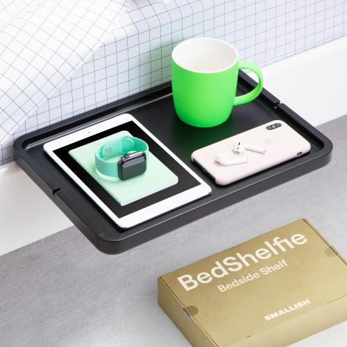 BedShelfie Bedside Shelf for Bunk Bed - College Dorm Room Essentials, Loft Bed Accessories, Clip On Nightstand Snack Organizer, Floating Bed Side Table Tray Shelfie Storage - Minimalist Black Wood