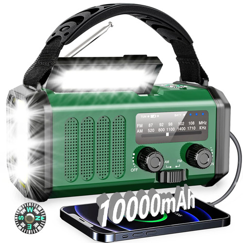 Weather Radio,10000mAh AM/FM/NOAA Weather Radio, Emergency Hand Crank Radio,Multi-Function Solar Radio,USB Type-C Charging,Torch & LED Reading Lamp,SOS Alarm,Compass