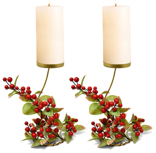 Christmas Table Centerpieces Candle Holder Set of 2 Holiday Gold Metal Pillar Candles Red Berry Twig Leaves Winter Centerpiece Decor for Wedding Dining Room Place Setting Decorations