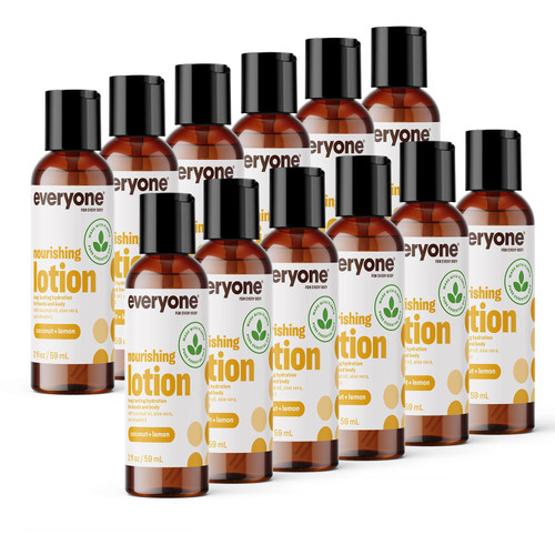Everyone Nourishing Hand and Body Lotion, Travel Size, 2 Ounce (Pack of 12), Coconut and Lemon, Plant-Based Lotion with Pure Essential Oils, Coconut Oil, Aloe Vera and Vitamin E Everyone Nourishing Hand and Body Lotion, Travel Size, 2 Ounce (Pack of 12), Coconut and Lemon, Plant-Based Lotion with Pure Essential Oils, Coconut Oil, Aloe Vera and Vitamin E