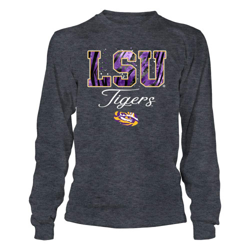 FanPrint LSU Tigers T-Shirt - Color Drop Tiger Stripe Patterned Letters - Gold Shirt - If-Ic78-Ds37 - Longsleeve Tee/Dark Grey / 2XL