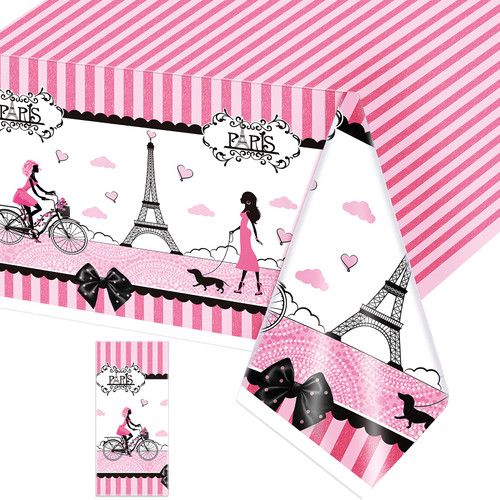 Irenare Paris Theme Tablecloth Paris Princess Theme Party Decorations Day in Paris Plastic Table Covers Table Decoration Ooh La La Pink Table Cloth for Girls Birthday Party Baby Shower (1 Piece)