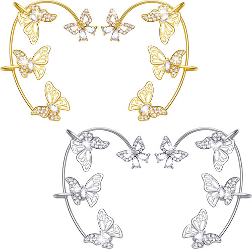 4 Pcs Butterfly Ear Cuff Earrings Glitter Rhinestone Butterfly Ear Cuff for Women Wrap Crawler Earrings No Piercing Butterfly Ear Clip Wrap Around Fake Earrings (Gold, Silver,Hollow Style)