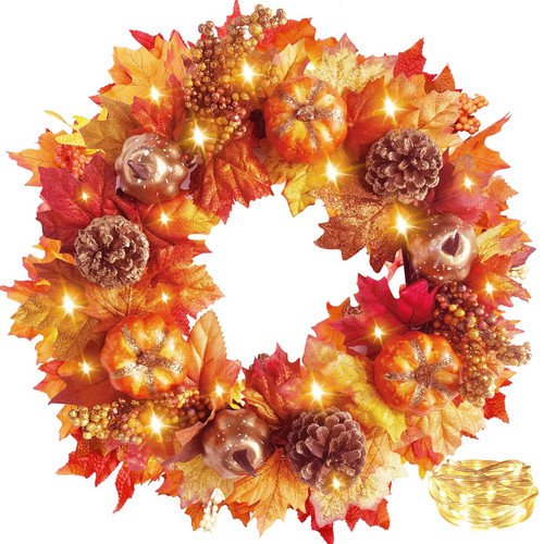 Fall Decor - Glitter Fall Wreaths for Front Door with Lights - 18" Artificial Autumn Wreath with Maple Leaves Pumpkins Pine Cone Berries for Indoor Outdoor Harvest Thanksgiving Farmhouse Fall Decor - Glitter Fall Wreaths for Front Door with Lights - 18" Artificial Autumn Wreath with Maple Leaves Pumpkins Pine Cone Berries for Indoor Outdoor Harvest Thanksgiving Farmhouse