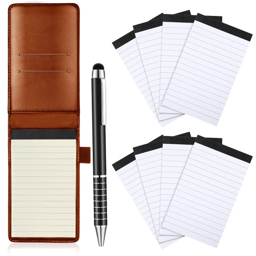 Outus 10 Pieces Mini Pocket Notepad Holder Set, Included Mini Pocket Notepad Holder with 50 Lined Sheets, Metal Pen and 8 Pieces 3 x 5 Inch Memo Book Refills, 30 Lined Paper Per Note Pad (Brown)