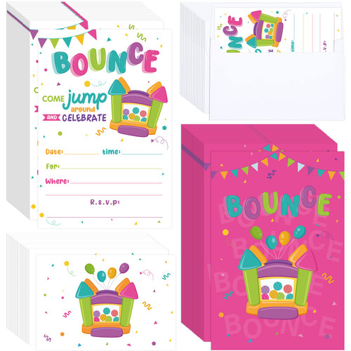 Nezyo 30 Count Bounce House Birthday invitations Jumping Party Invitations Bounce Birthday Party Invite Card with 30 Castle Envelopes for Boy Girl Trampoline Jumping Birthday Party Supplies(Pink)