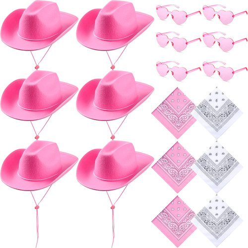 6 Sets Cowboy Hat Heart Shape Sunglasses and Cowboy Bandanas, Cowgirl Hat for Women and Men Halloween Costume Party (Pink, White, Simple Style)