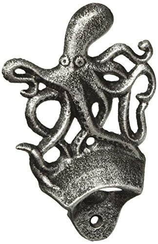 Hampton Nautical K-9116-silver Antique Silver Cast Iron Wall Mounted Octopus Bottle Opener 6" - Vintage Cast Iron Decor - Sea Life