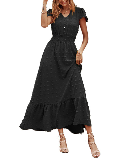 PRETTYGARDEN Womens Boho Short Sleeve V Neck Ruffle Tiered Maxi Dress Swiss Dot Smocked Dress Beach Long Dress (Large, Black)