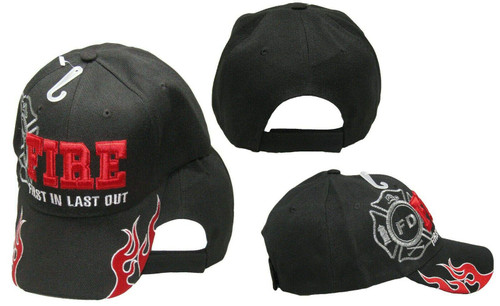 Fire Department Dept First in Last Out Flames On Bill Black with Grey Gray Shadow Embroidered Cap Hat