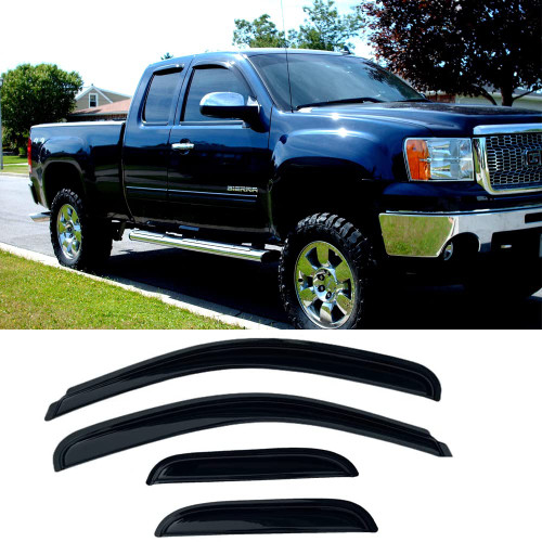 Puermto Side Window Wind Deflector, 4pcs Out-Channel Tape-On Rain Guards Set, Window Visor fit for 2007-2013 Chevy Silverado/GMC Sierra 1500,2007-2014 2500HD/3500HD with Extended Cab 94040