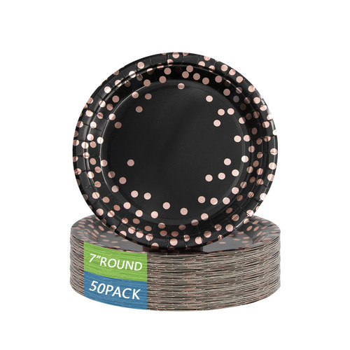 Disposable Paper Plates Round Black and Rose Gold Dots 50 x 7" Plates?Black and Rose Gold Plates Foil Polka Dots Paper Plates Party Supplies for All Occasions 50 PCS