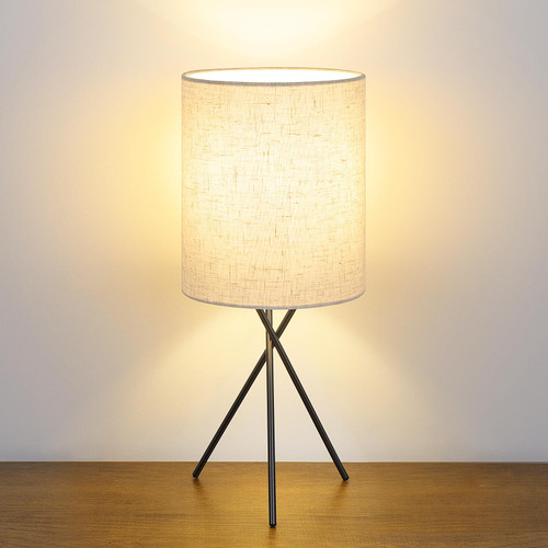 FOLKSMATE Beside Table Lamp with Black Metal Base, Modern Simple Desk Lamp, Nightstand Lamp with Beige Linen Fabric Lampshade, Side Table Lamp for Bedroom Living Room Home Office, Bulb Not Included
