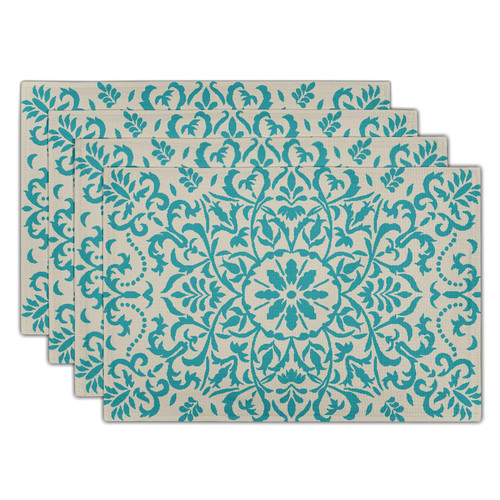 Teal Placemats Set of 4 12x18 Inch Boho Ethnic Carpet Style Pattern Bohemian Vintage Flower Table Mats Farmhouse Floral Decorative Linen Washable Place Mats for Holiday Party Kitchen Dining Decor