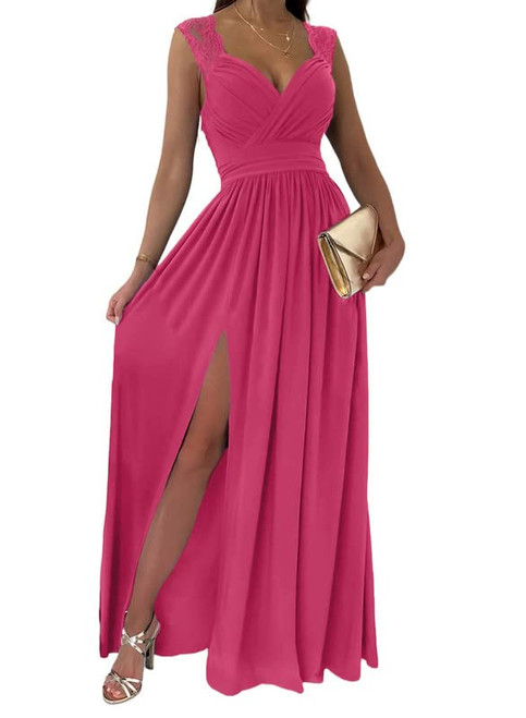 Dokotoo Womens Ladies Elegant Floor Length A Line Wrap Deep V Neck Backless Ruched Pleated Ruffled Split Long Maxi Formal Evening Party Prom Dress Bridesmaid Wedding Guest Dresses for Women Rose L