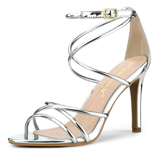 Allegra K Women's Open Toe Strappy Straps Stiletto Heel Silver Sandals 7.5 M US