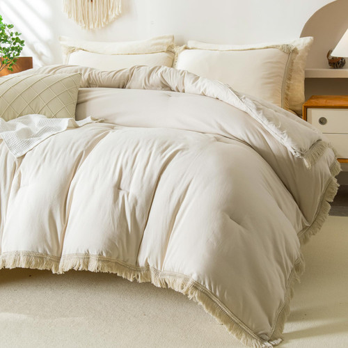 Litanika Beige Comforter Full Size, Boho Tassel Comforter Aesthetic 3 Pieces, Lightweight Fringe Microfiber Bedding Set for All Season(1 Comforter 79x90 inch, 2 Pillowcases)