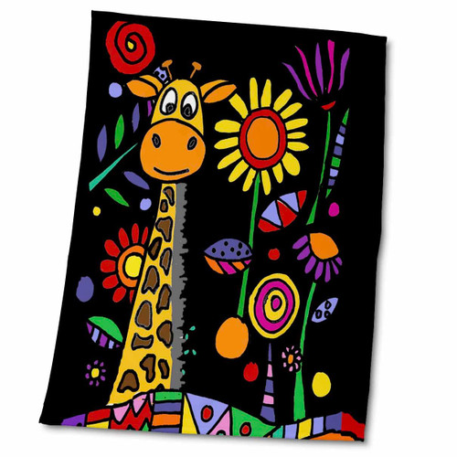 3dRose Funny Cute Giraffe in Colorful Flower Garden Nature Abstract Art - Towels (twl-325768-2)