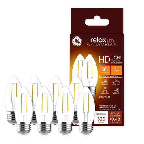 GE Relax LED Light Bulbs, 40 Watt Eqv, Soft White, Decorative Clear Bulbs, Medium Base (8 Pack)