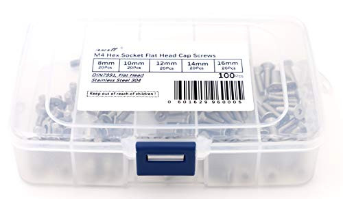iExcell 100 Pcs M4 x 8mm/10mm/12mm/14mm/16mm 304 Stainless Steel Internal Hex Drives Flat Head Cap Screws Kit
