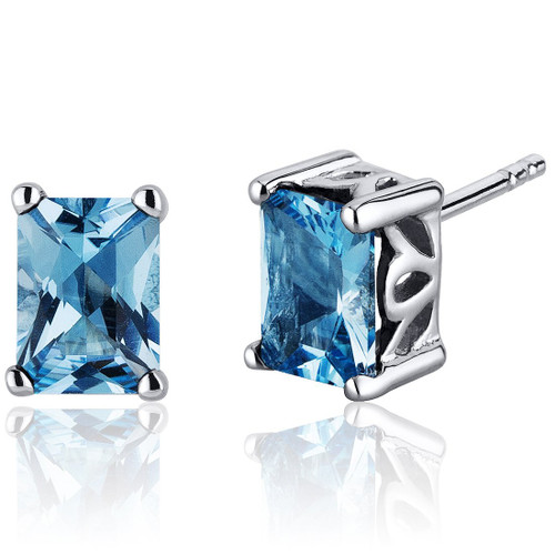 Peora Swiss Blue Topaz Sterling Silver Stud Earrings for Women, Scroll Design, 2 Carats total Radiant Cut 7x5mm