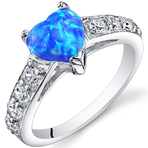 Created Blue-Green Opal Ring Sterling Silver Heart Shape 1.00 Carats Size 7