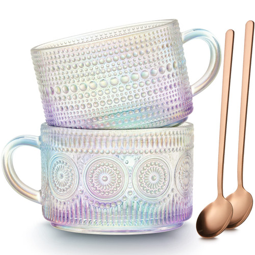 Mfacoy Vintage Coffee Mugs Set of 2, 14 oz Glass Coffee Tea Cups with Handle, Iridescent Embossed Glass Cups, Tea Cups, Glass Coffee Cups for Cappuccino, Latte, Cereal, Milk, Hot or Cold Beverages