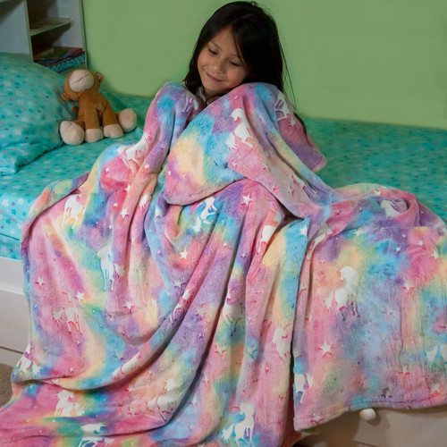 Glow in The Dark Throw Blanket Rainbow Color Unicorns for Girls 50 X 60 inches Luminous Pink Unicorn Throw Blanket Magical Gift for Kids, Soft and Plush Flannel Blanket, Birthday