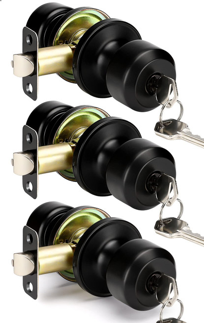 goldenwarm Key Entry Door Knob Black, Round Knob Faceplate Black Door Knob with Lock and Key, Matte Black Entry Key Door Knob(3 Pack)