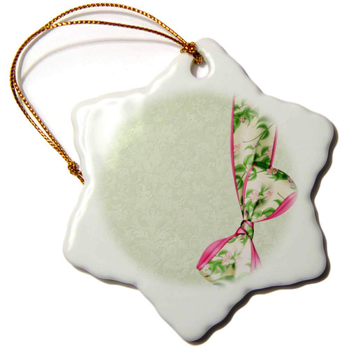 3dRose Green and Pink Floral Bow on Pastel Green Grunge Damask Background - Ornaments (orn-33497-1)
