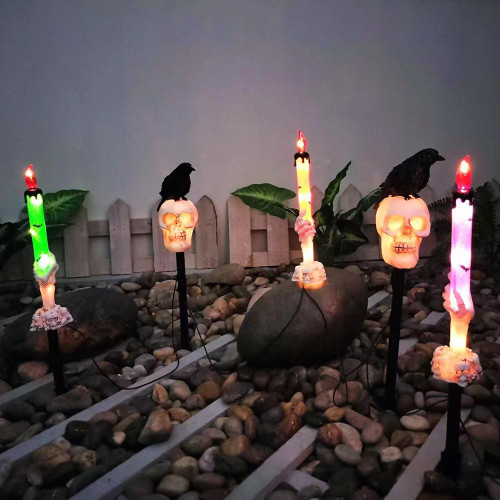 Halloween Outdoor Decoration Solar Lights,5 Pack Skull Candle Lights+Skull Solar Lights with Black Crow,Waterproof Solar Ghost Lights with Stakes,Stunning Halloween Decor for Lawn Yard Garden