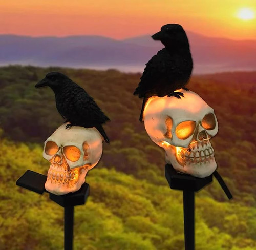 Apunga Halloween Decoration Solar Skull Lights Outdoor, Outdoor Skull, Halloween Crow Decoration, Waterproof LED Solar Lights for Garden, Front Door, Indoor, Landscape Road. Black (Look Left 1PC)