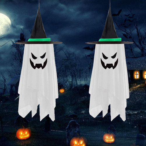 Halloween Decorations Outdoor Decor Hanging Lighted Glowing Ghost Witch Hat Halloween Decorations Indoor Outside Ornaments Clearance Halloween Party Lights String for Yard Tree Garden