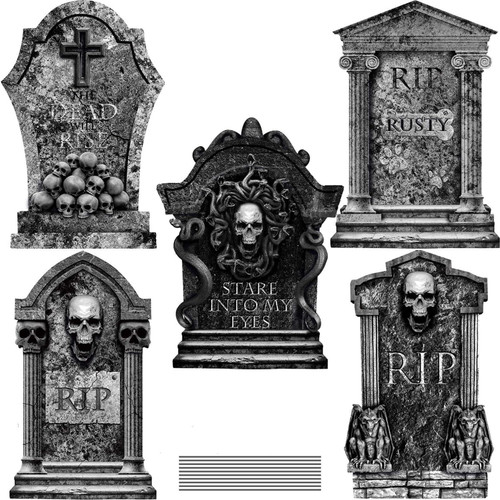 Halloween Tombstone Decorations,Halloween Graveyard Decorations Outdoor 5Pack,Tombstones Halloween Decor Yard Signs with Stakes, 16" Tall Realistic Scary and Graveyard Props for Halloween Outdoor Decoration