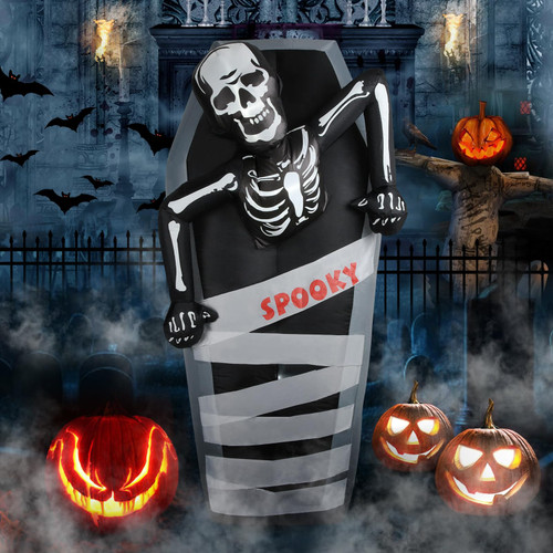 Halloween Inflatable Skeleton with Tombstone, 5 FT Tall Tombston Inflatables with Build-in LEDs Blow Up Inflatables for Halloween Party Outdoor, Yard Decorations, Garden, Lawn Halloween Decors