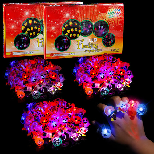 100 packs Halloween LED Rings, Glow Rings Bulk, Halloween Light Up Rings Glow in the Dark Party, Trick or Treat Toys Halloween Prizes Goodie Bags, Fillers Flashing Rings for Party Favors(10 styles)