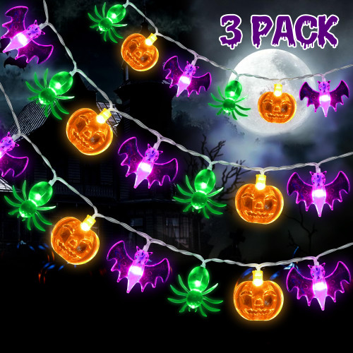 3 Pack Halloween String Lights Decorations with Timer, 30Ft 90 LED Halloween Lights 3D Bats Spider Pumpkin Lights Halloween Decor, Battery Operated String Lights Indoor Halloween Party Decorations