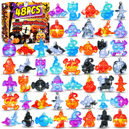 48 PCS Halloween Mini Pop Keychain, Halloween Party Favors Pop Bubbles Bulk Toys Stress Relief Sensory Fidget Toys Pack Halloween Trick or Treat Bags Fillers Classroom Prizes Gifts for Kids Boys Girls