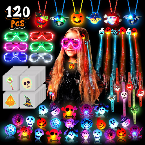 Halloween Party Favor Toys for Kids - 120 Pcs Halloween Glow In the Dark Trick or Treat Toys Light Up Party Supplies Halloween Goodie Bags Fillers Stuffers, Halloween Treats Non Candy