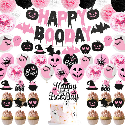 Pink Halloween Party Decorations, Happy Boo Day Banner Happy Boo Day Cake Topper Pink Black Halloween Balloons Paper Pom Poms for Halloween Birthday Decorations Pink Halloween Party Decorations, Happy Boo Day Banner Happy Boo Day Cake Topper Pink Black Halloween Balloons Paper Pom Poms for Halloween Birthday Decorations