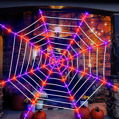 Halloween Spider Web Lights Decoration 12Ft Lighted Spider Web Giant Halloween Yard Outdoor Decorations with 120LED Waterproof for Halloween Outdoor Indoor Party Haunted House Decor