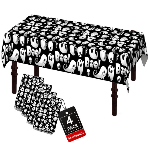 ATFUNSHOP Halloween Tablecloth Plastic 4PACKS 54 X 108 Rectangular Ghost Disposable Table Cover Waterproof Spillproof Table Cloth