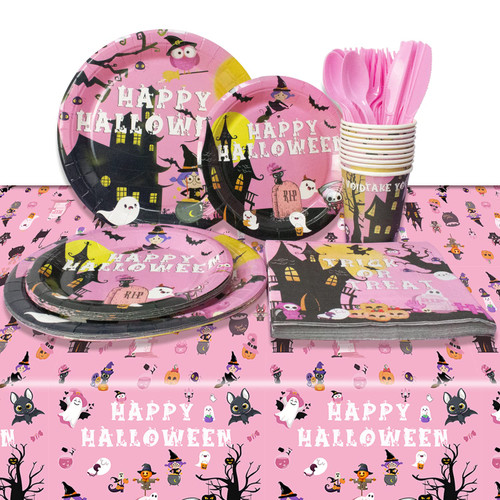 HAFTSS Halloween Party Tableware Decorations, Pink Halloween Party Supplies, Halloween Paper Plates and Napkins, Pink Halloween Ghost Party Decorations, Happy Boo Day Table Decorations for kids HAFTSS Halloween Party Tableware Decorations, Pink Halloween Party Supplies, Halloween Paper Plates and Napkins, Pink Halloween Ghost Party Decorations, Happy Boo Day Table Decorations for kids