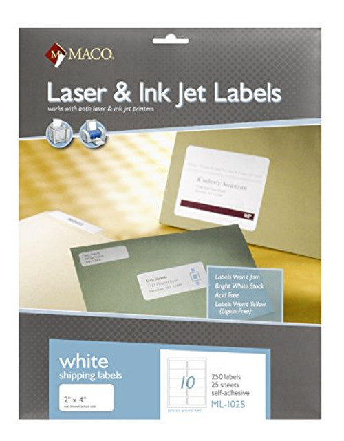 MACO Laser/Ink Jet White Shipping Labels, 2 x 4 Inches, 10 Per Sheet, 250 Per Pack (ML-1025)