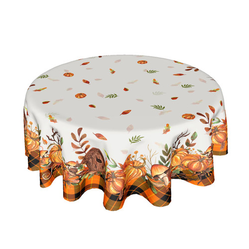 Fall Tablecloth Round 60 Inch Thanksgiving Autumn Harvest Pumpkin Table Cloth Orange Buffalo Plaid Farmhouse Table Cover Decorative for Home Kitchen Dining Indoor Outdoor Party Picnic Home Decor